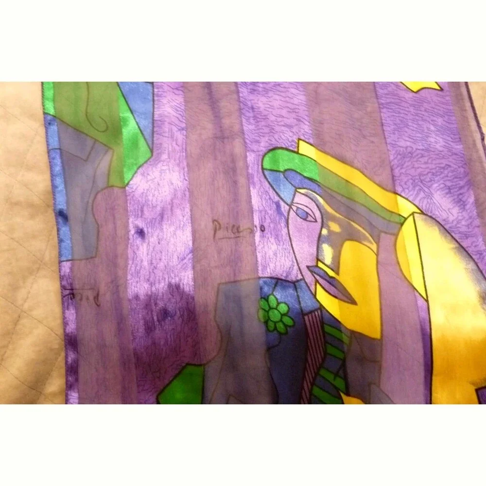 Long rectangle Picasso Cubist Scarf Portrait Purple Yellow sheer stripes 14
